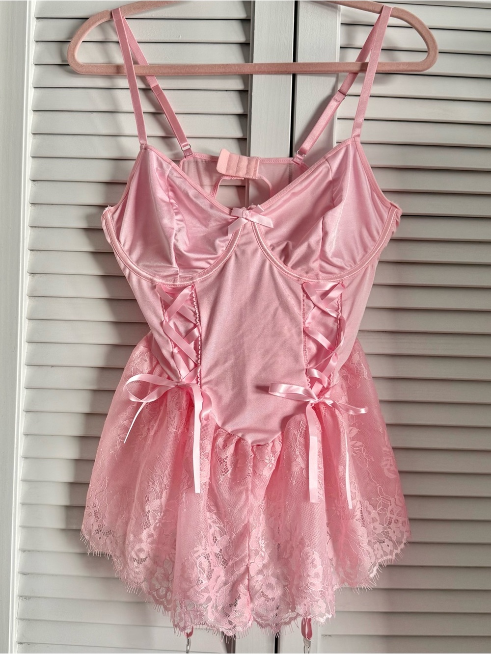 Pink Lace Babydoll Lingerie Dress with Ribbon Details